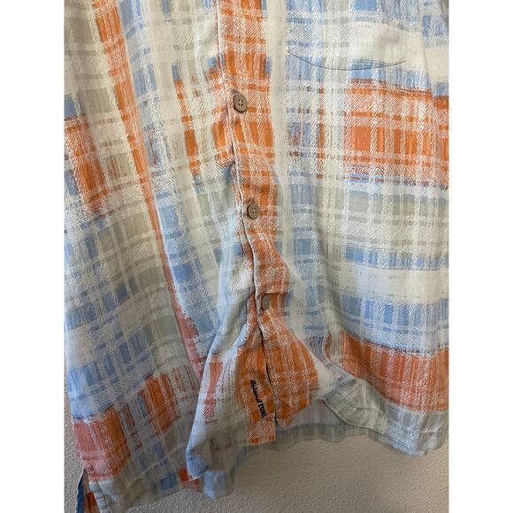 Tommy Bahama Silk Blend Original Fit Button Up Orange & Cream Plaid Top Medium - Picture 3 of 10